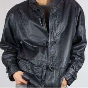 Teco men’s black Leather Jacket size XL biker 90s trench coat